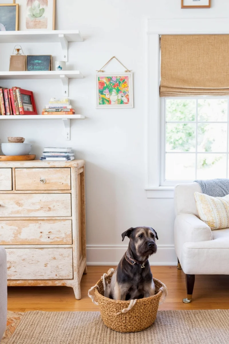 Vinyl plank flooring with paw prints and scratches shown as signs of durability. Perfect for homes with energetic dogs like Winston's.