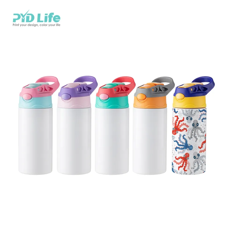 

PYD Life Hot Sale Color Lids 12oz White Sublimation Straight Kids Tumbler Kid Water Bottle with Sippy Straw