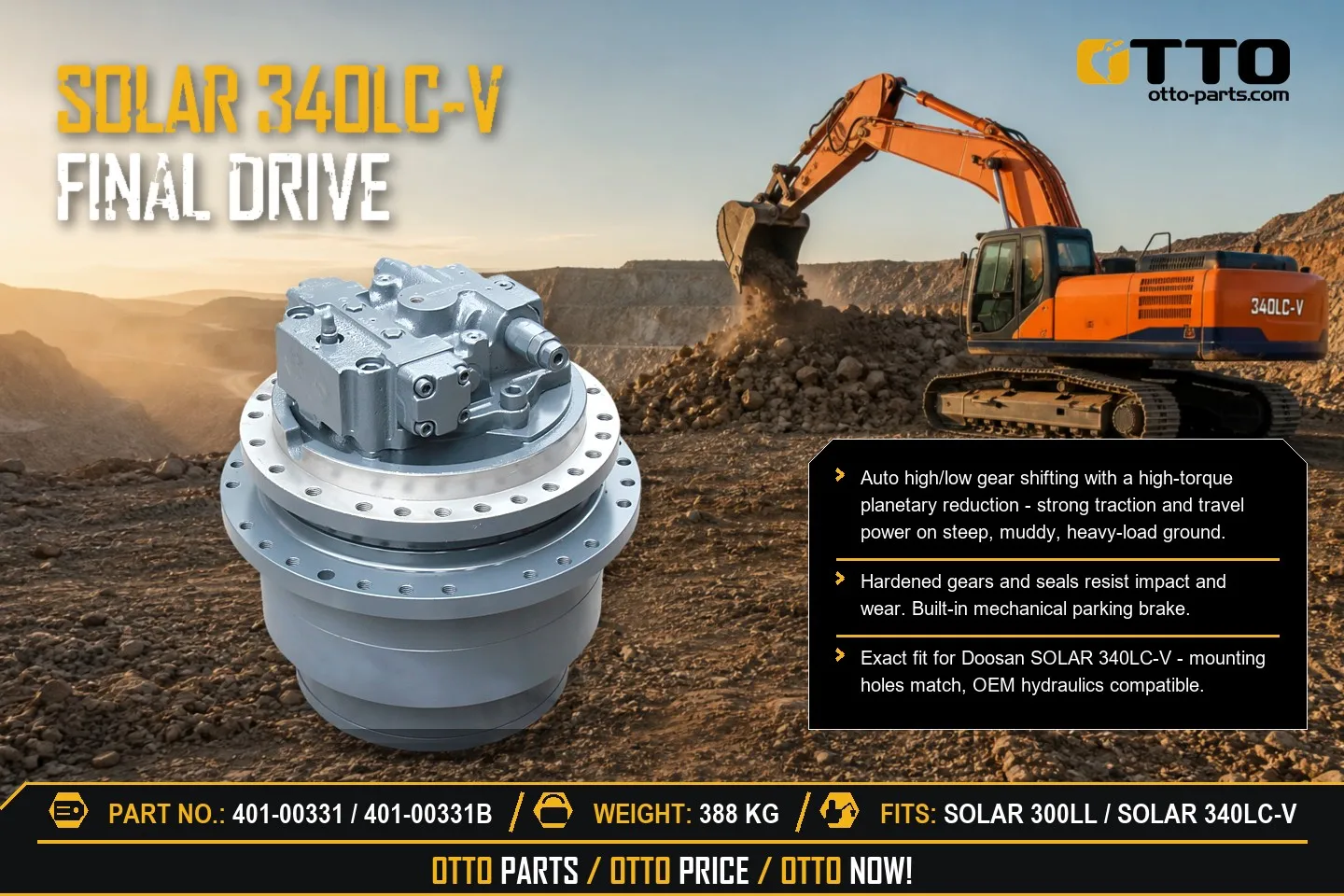 Doosan SOLAR 340LC-V final drive assembly 401-00331 / 401-00331B, 388 kg, fitting SOLAR 300LL and SOLAR 340LC-V - OTTO Parts