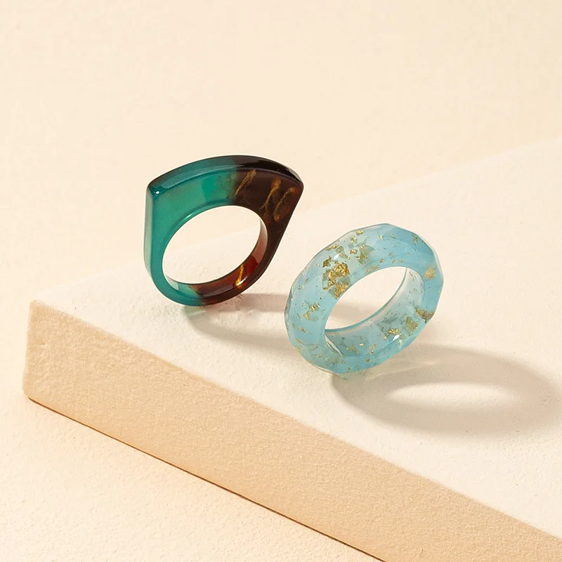 

2PCS INS Unique Gold Foil Geometric Resin Rings Irregular Crystal Acrylic Rings
