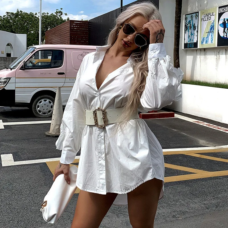 

2021 Fashion Women White Loose Long Puff Sleeve V Neck Mini Shirt Skirt Women Satin Polo Collar Casual Dress