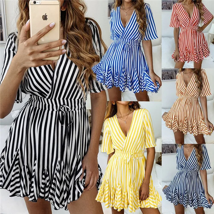 

Simple vintage dress 2020 women clothing half sleeve with strip pattern