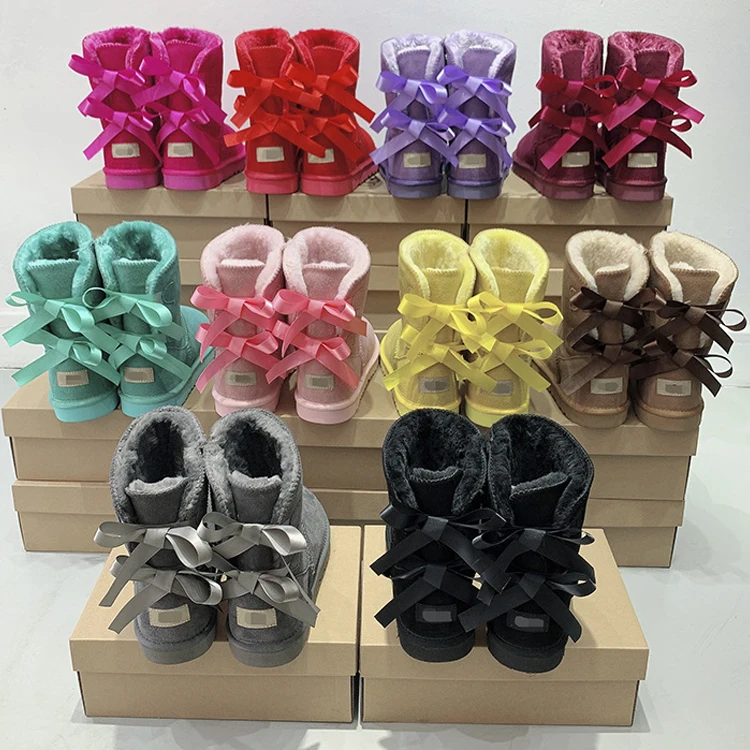 

Dropshipping Custom Logo Colorful Women's Flat Snow Boots with Fur Back Bowknot Warm Winter Shoes Plus size