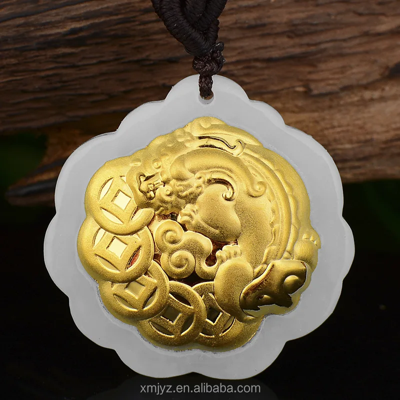 

Gold Inlaid Jade Pixiu Pendant 4D Hetian White Jade Pure Gold Double Pixiu Safe Buckle Pendant Men And Women Couple Necklace
