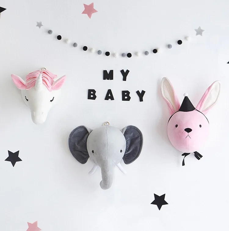 

Cheap Nordic style children's room ornaments unicorn elephant rabbit plush wall decoration pendant indoor soft decoration modern