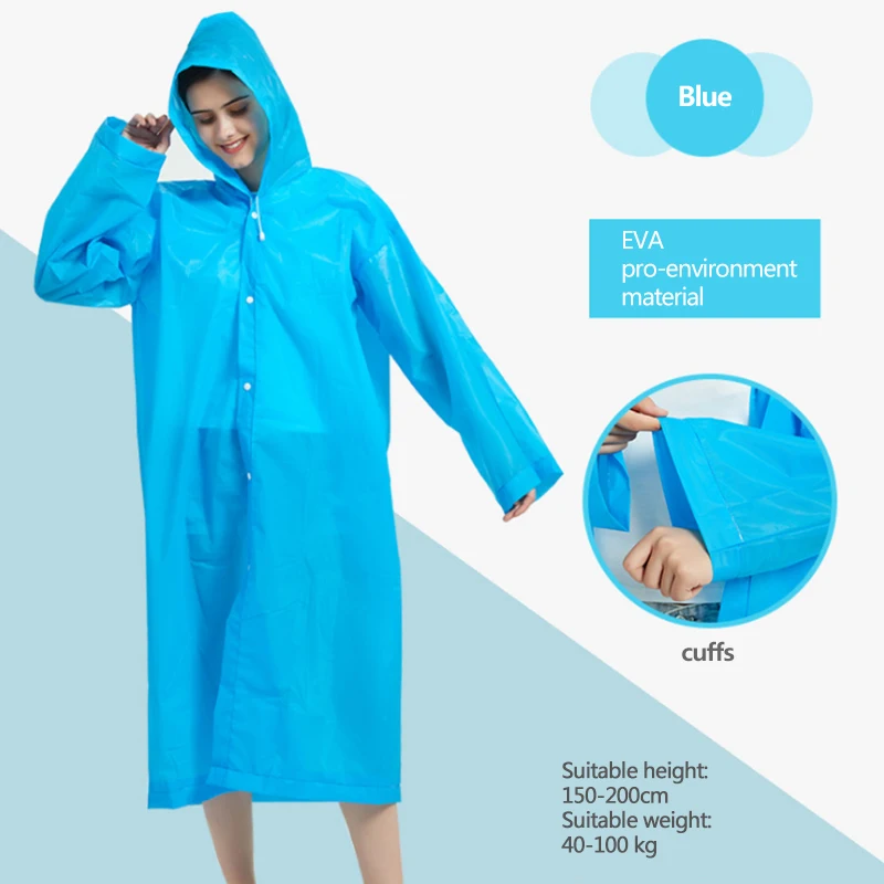 

Rain Poncho Women Men Adults EVA Blue Raincoats with Adjustable Hoods and elastic cuffs