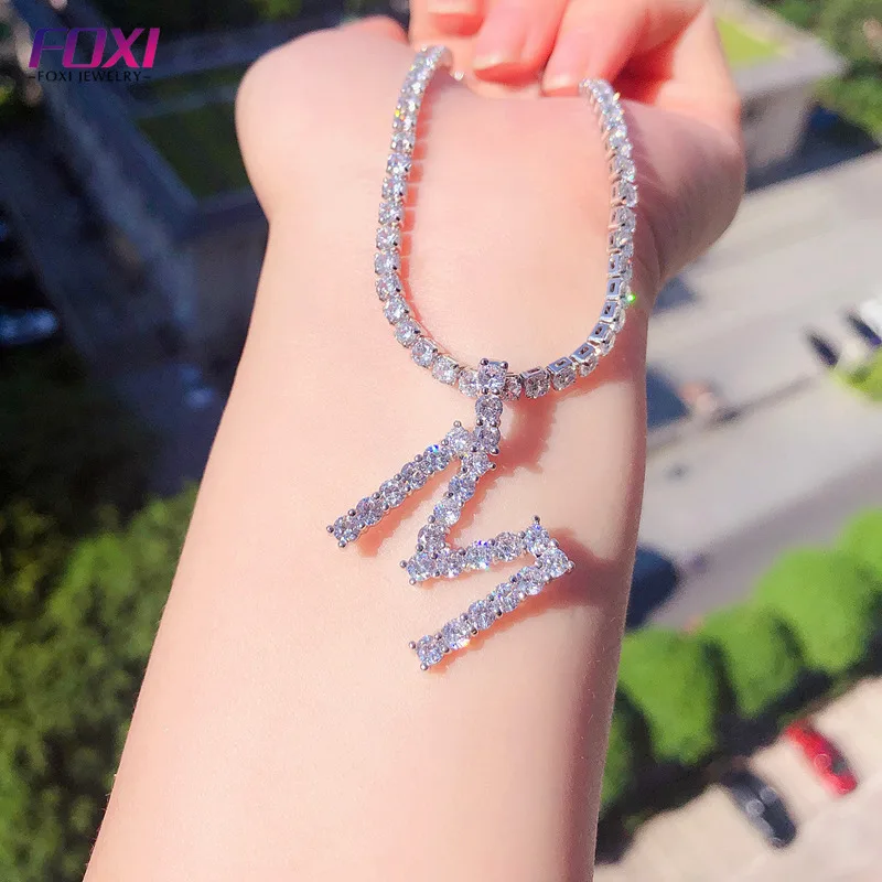 

2019 hot sale custom iced out letter pendant silver choker tennis chain 3mm diamond initial necklace