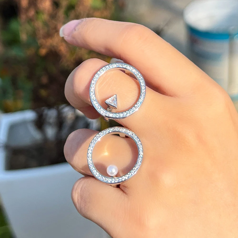 

Adjustable Chic Elegant Design Cubic Zirconia CZ Stone Setting Big Circle Triangle Round Pearl Wedding Rings for Women Gift