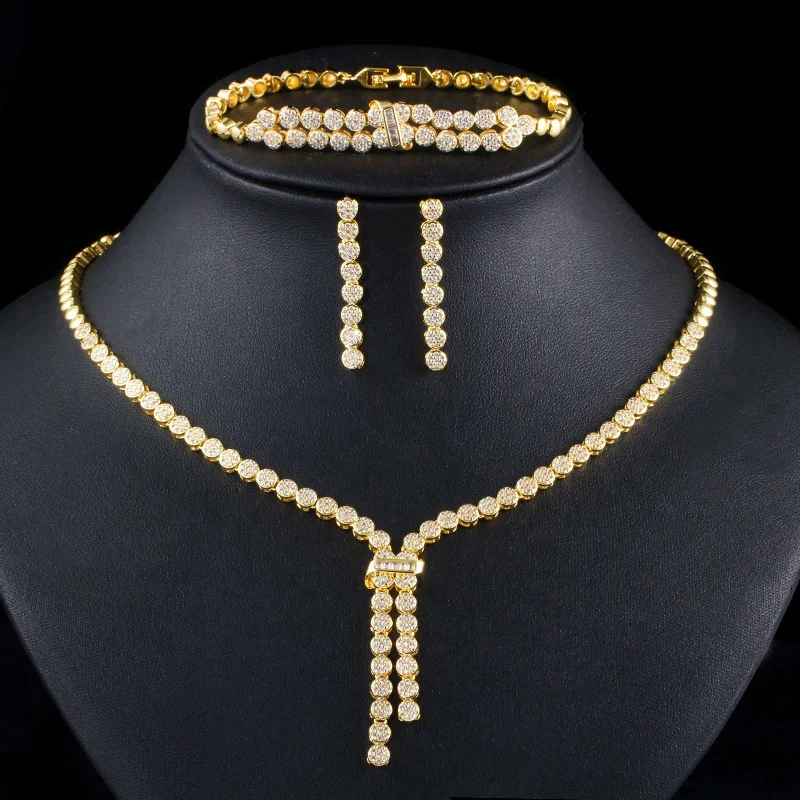 

Brazilian gold color cubic zirconia bridal three-piece jewelry sets for engagement party