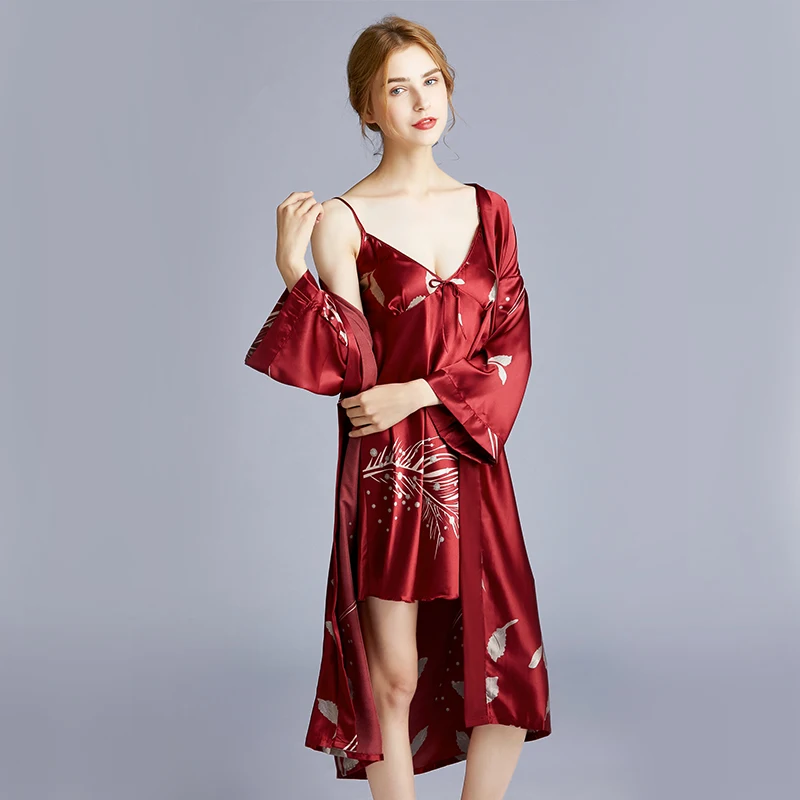 

100% Pure Silk Nightgown With Robe Solid Lace Night Gown Two Piece Suit Short Slip Sleepwear woman clothes, Camel,red,blue