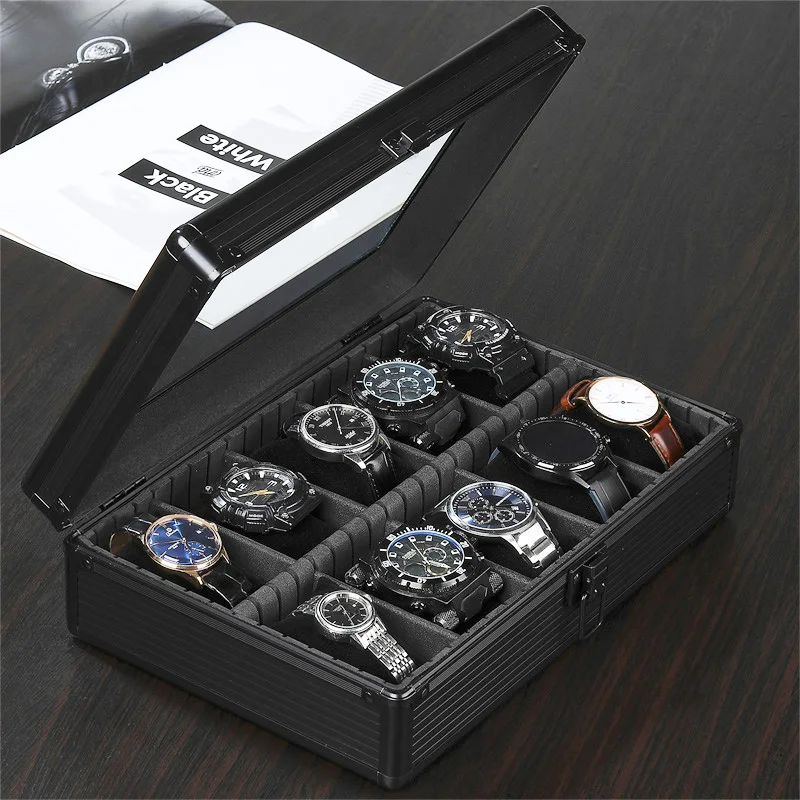 

Factory Nice Quality 10 Slot Black Travel Aluminum Watch Collection Gift Box Display Storage Packaging Watch Box Case Organizer