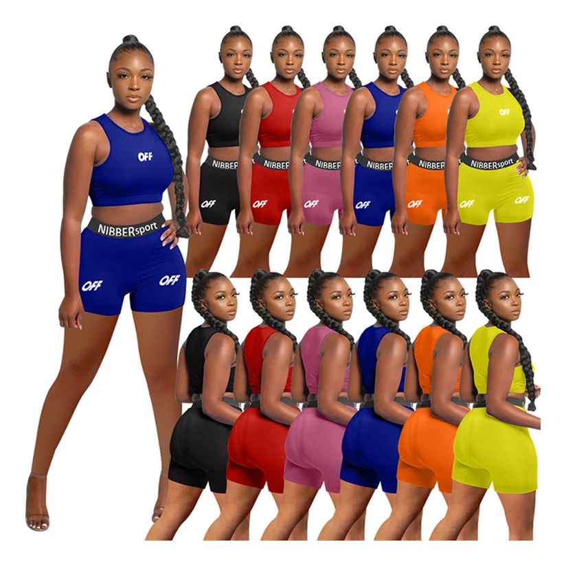 

2021 Fashion High Quality Letter Print Two Piece Fitness Short Set Women