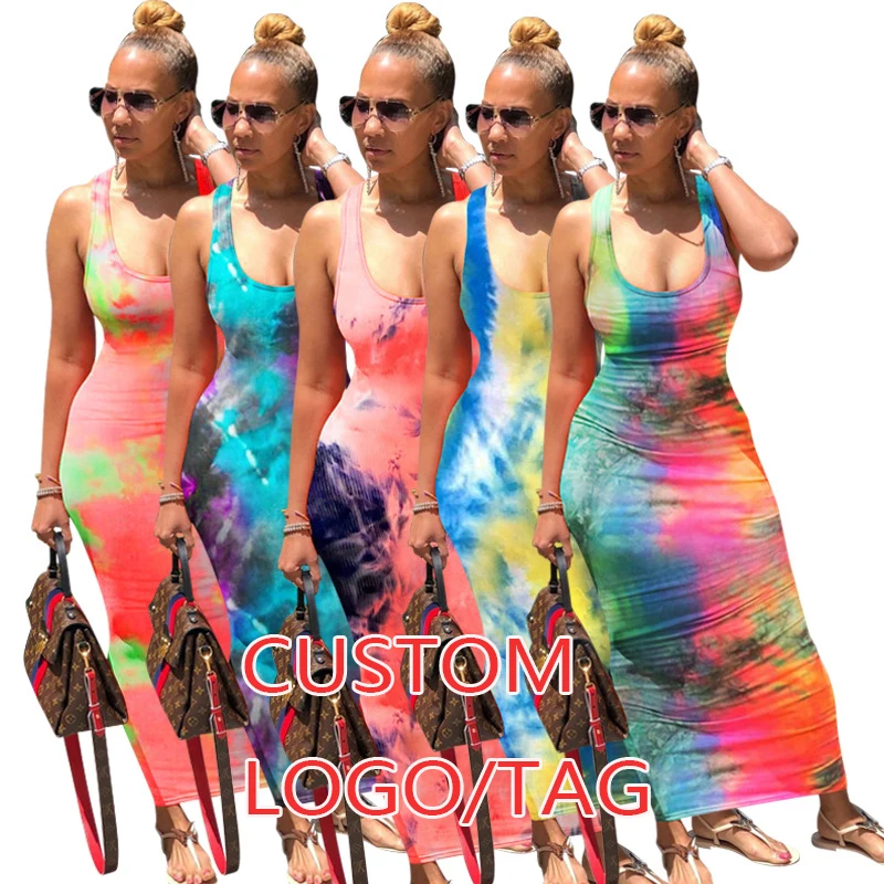 

Custom Logo Tag Bodycon Ladies Dress Tie Dye Women Maxi Dress Summer Clothing Lady Elegant Girls Maxi Dresses Sundresses