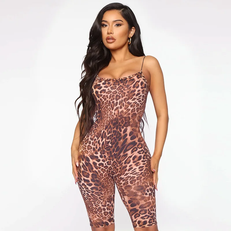 

Women's fashion slim casual leopard suspender big open back Jumpsuit