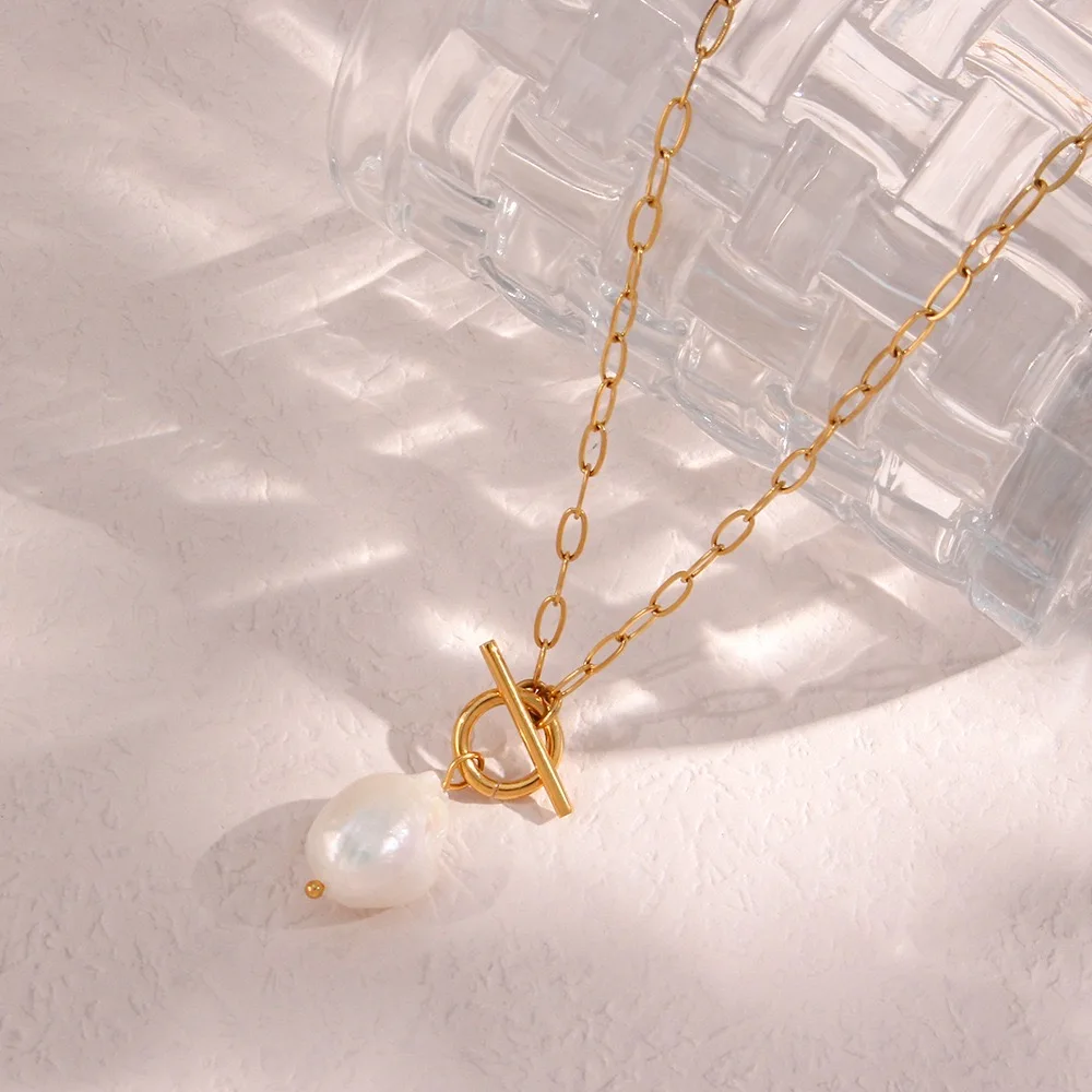 Elegant Natural Baroque Pearl Stainless steel Gold Plated Paper Clip Chain Pendant Necklace Non Tarnish Summer Jewelry