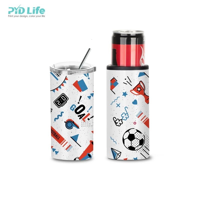 

PYD Life Wholesale 12 OZ Sublimation Double Wall Stainless Steel Blanks Slim Skinny Can Cooler with Lid and Straw, White