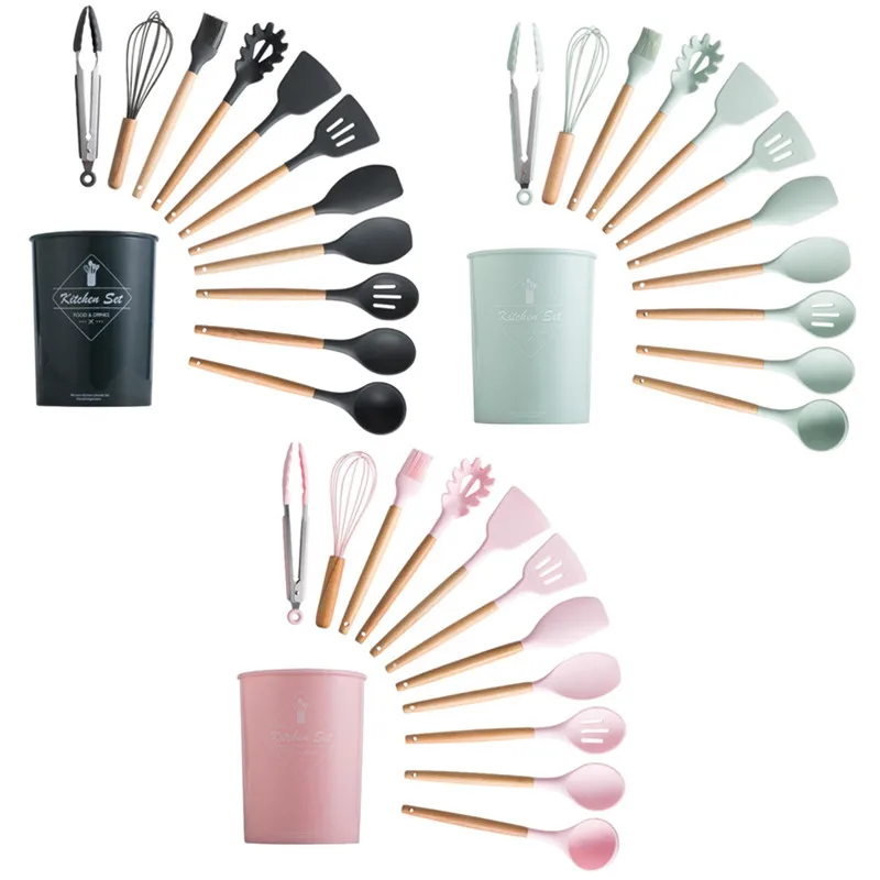 

Kitchen Silicone Cooking Utensils Set Non-stick Cookware With Wooden Handle Easy To Clean Shovel Spoon Soup Cooking Tool Sets, Customized color