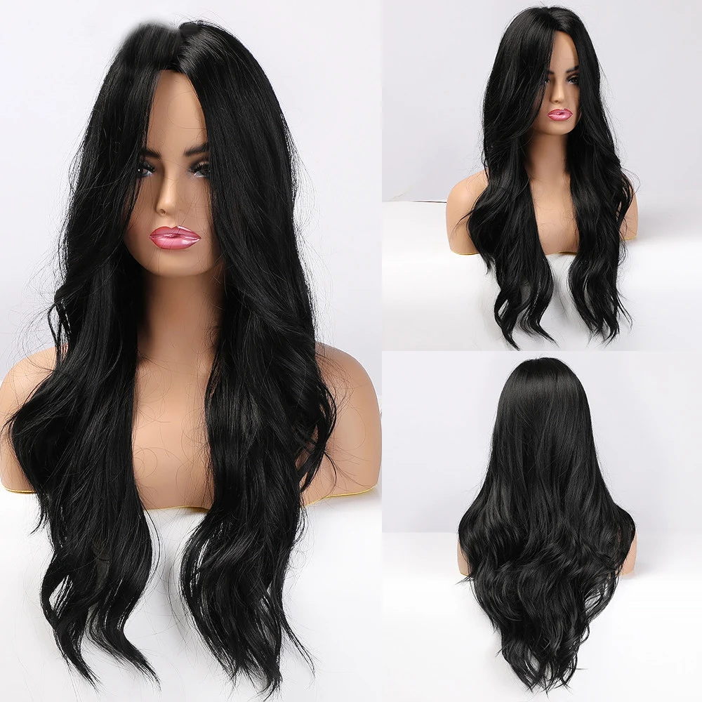 

Hot Sale Long Water Wave Black Wig for Women Natural Long Part Synthetic Wig 100%High Temperature Fiber, Photo color