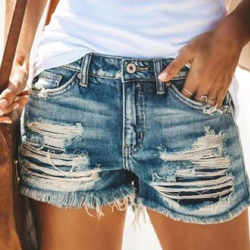 

New Arrival Hot Sell Summer Casual Ladies Ripped Fringed Short Jeans Women Clothing, Light blue