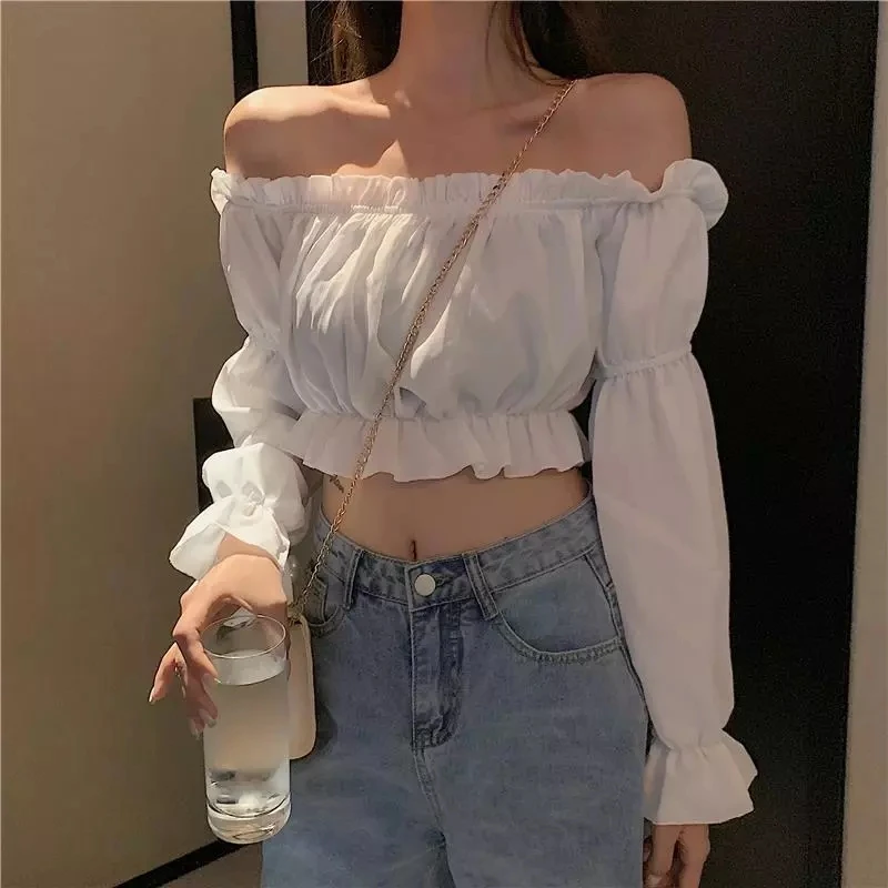 

Summer Tube Top Women Sexy Blouse Off Shoulder Top Long Sleeve Solid Color White Shirt Puff Sleeve Ruffle Tunic Crop Top