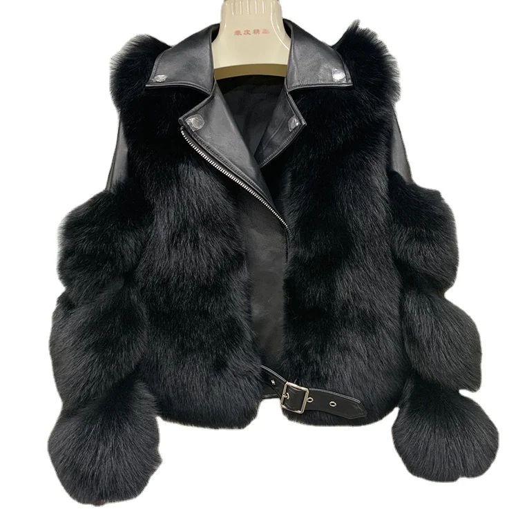 

2021 New Arrival Fashion Genuine Sheepskin Leather Jacket Fur Coat Women Fox Black Fur Coat, Customized color