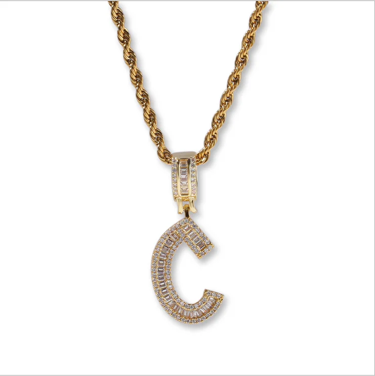 

QiuHan Fashion Men Zircon Pendant Stainless Steel Chain Punk Hiphop 26 Initial Letter Necklace, Gold, silver,rose gold