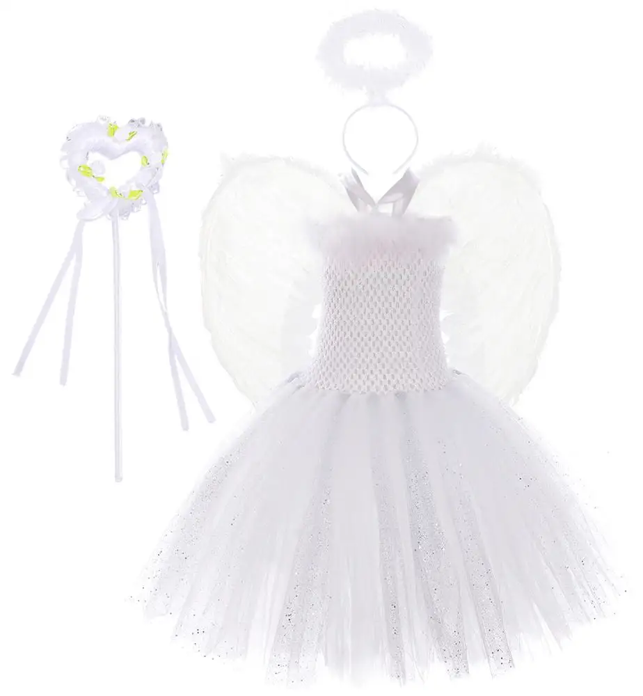 

Party Girl Costume White Angle Wing Magic Stick And Head Band Sets Fairy Dress Tutu For 2-12 Years