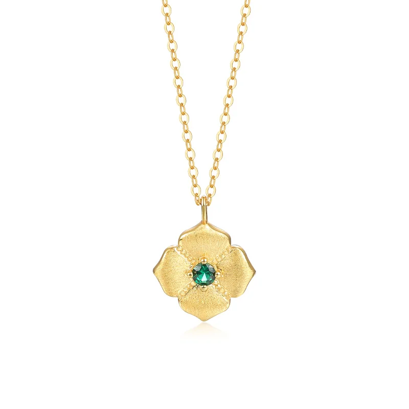 

Elegant 925 Sterling Silver 18K Gold Plated Four Leaf Clover Green Zircon Flower Brushed Jewelry Pendant Necklace