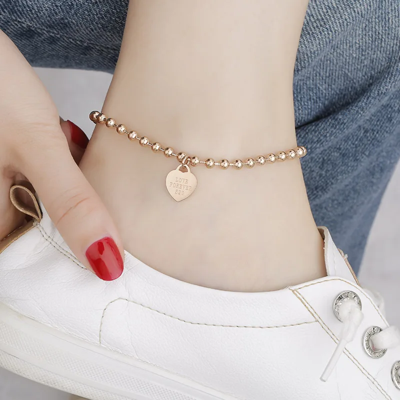 

Korean style simple love heart 520 round beads anklet personality Joker women titanium steel foot accessories colorfast