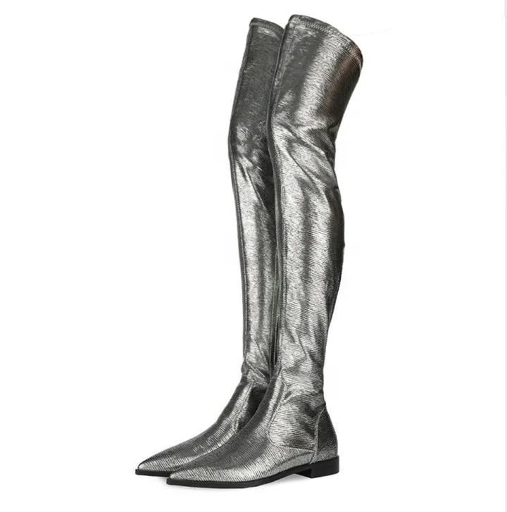 

Low Heel Special Material Silver Lizard Pattern Women Pointed Toe Thigh High Boots Large Size 45 Over Knee High Boots