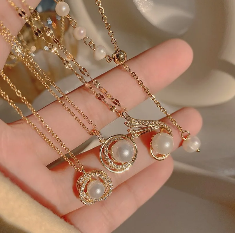 

Pearl Necklace Titanium Steel Jewelry Vintage Female Temperament Clavicle Chain Ins Zircon Micro-inlaid Pendant