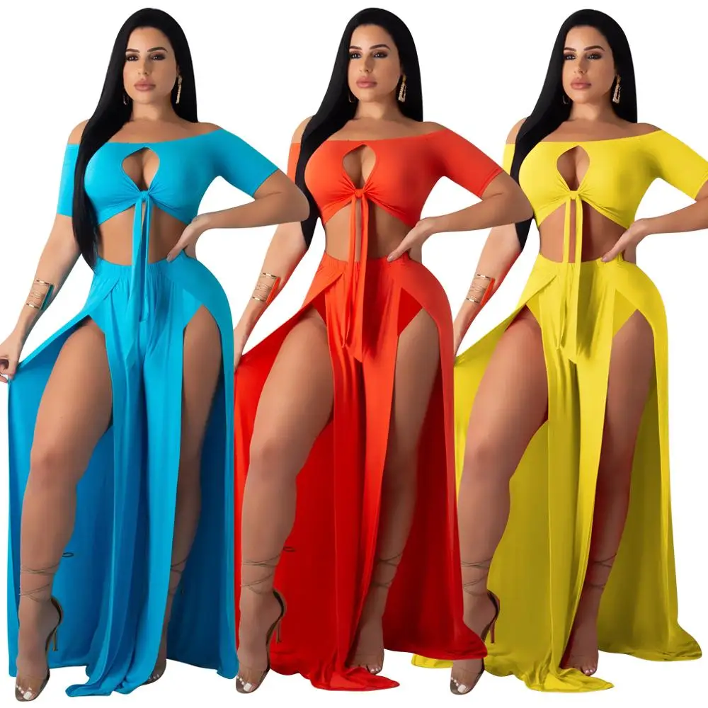 

High Waist Women's Sexy Summer Off Shoulder ladies Crop Top With Slit 2 Piece Long Maxi Dress and Skirt Set