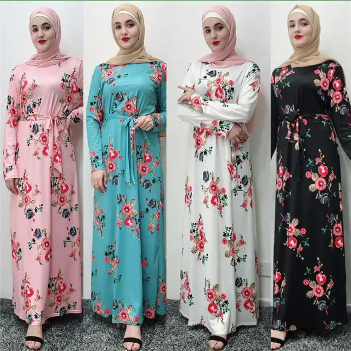 

Islamic New Design Abaya Clothing of Jersey Long Dubai Muslim Flora Dress Muslim Turkey Dress, Black,white,lake blue,pink