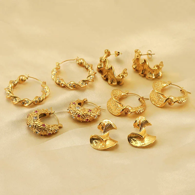 

Hypoallergenic Non Tarnish Stainless Steel 18K Gold Plated Inlaid Zircon Chunky Irregular Twist Hoop Earring Women Jewelry