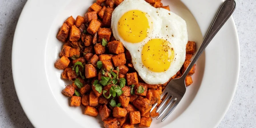 Hot skillet with sizzling sweet potato hash chorizo