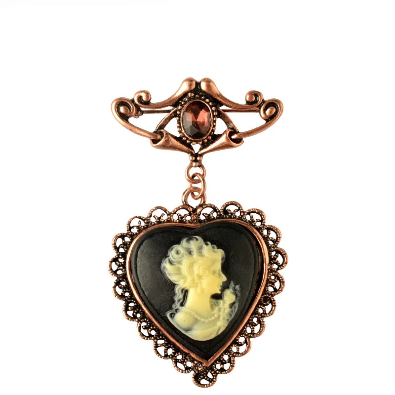 

Copper Tone Purple Crystal Stone Vintage Victorian Heart Cameo Lady Women Brooch Pin Retro Style