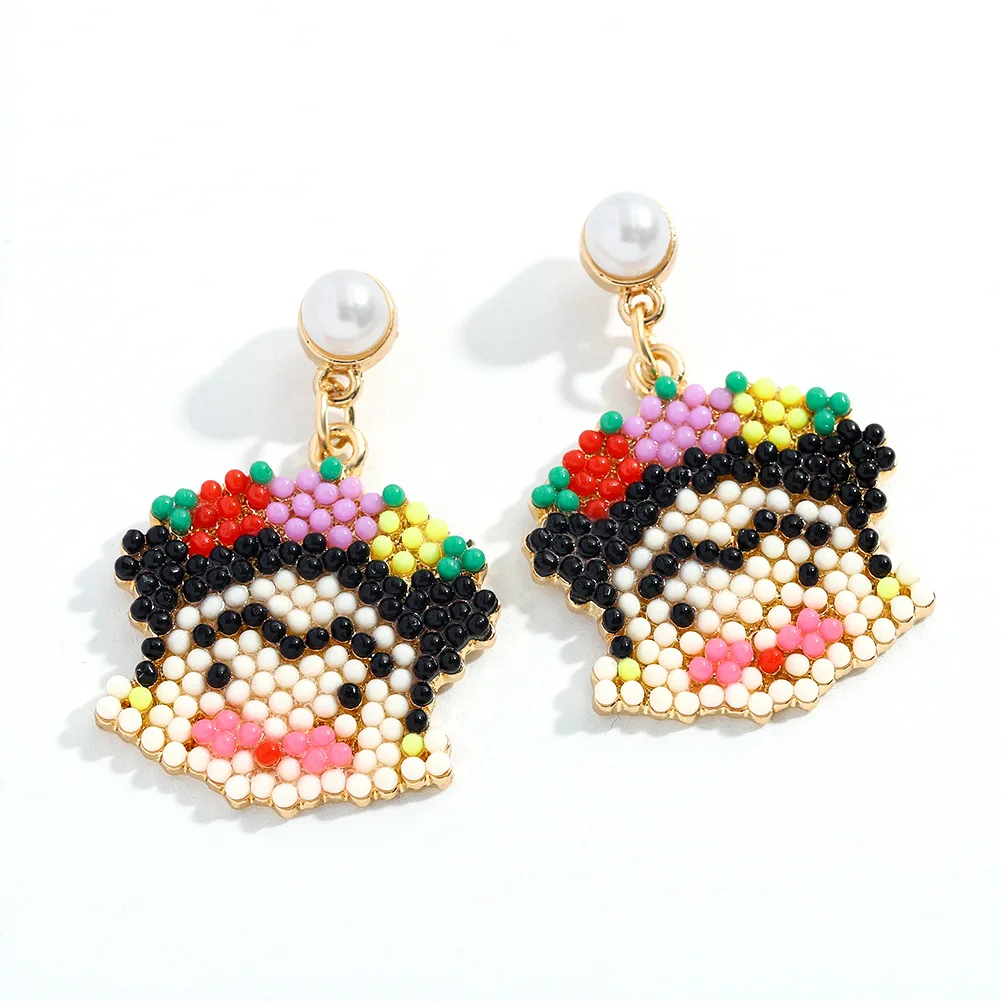 

2021 Wholesale Creative Cute Colorful Clown Shape Earrings Fashion Rice Beads Inlaid Cartoon Earrings For Women, Like picture