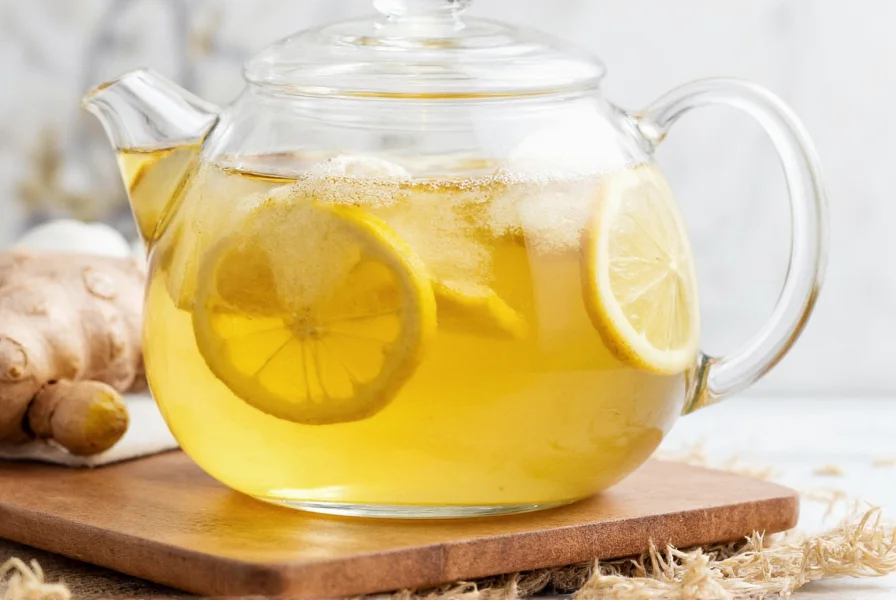 Fresh ginger slices and lemon wedges steeping in clear glass teapot with steam rising