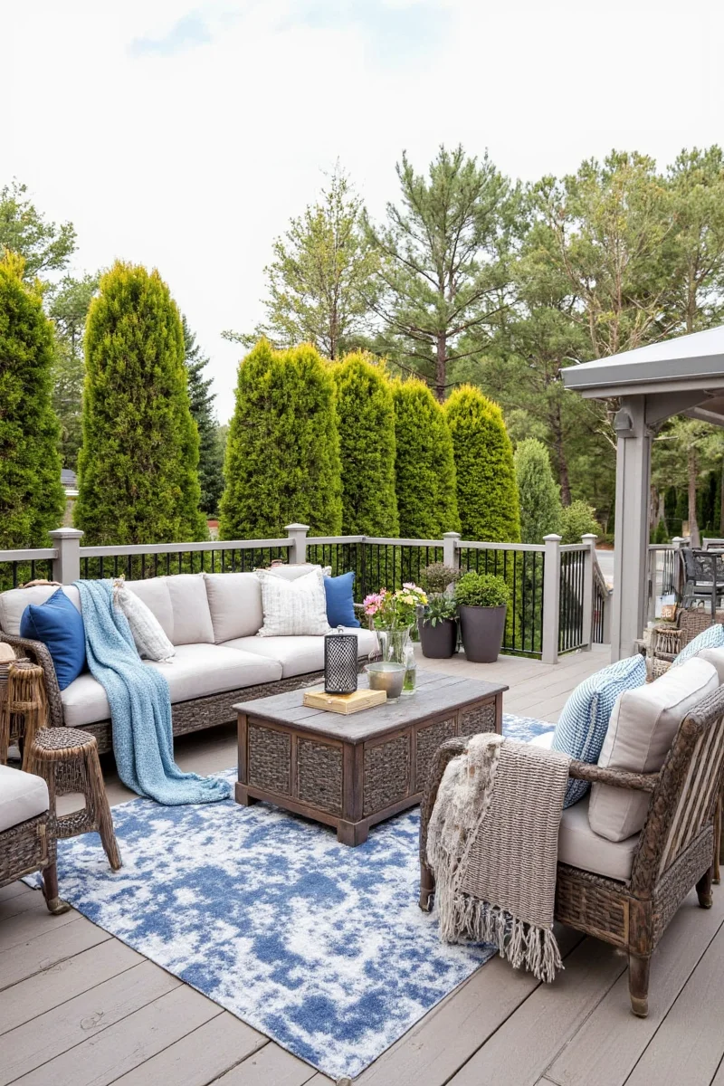 Two hammock-style chairs on deck overlooking yard