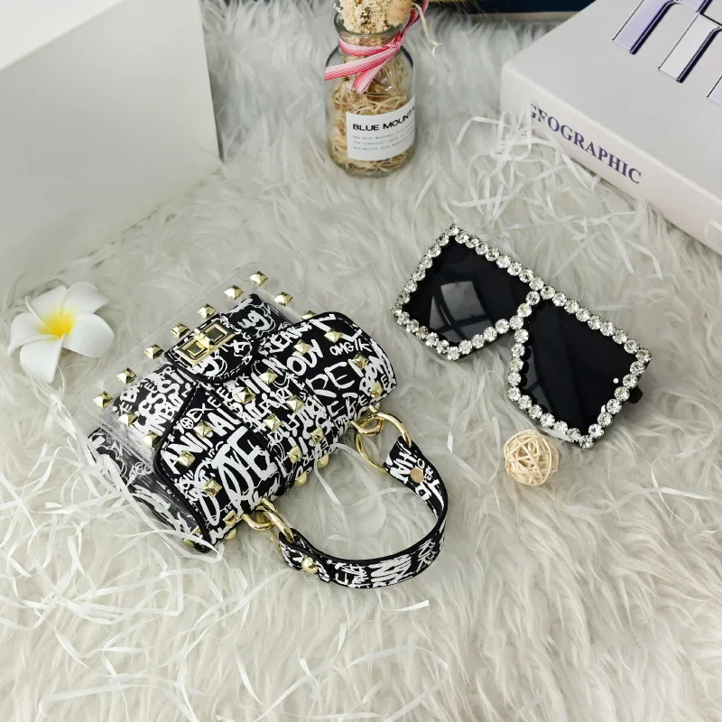 

Graffiti Pvc Clear Jelly Mini Bags Girl Shoulder Crossbody Chain Ladies Purse And Sunglasses Set, 9 colors