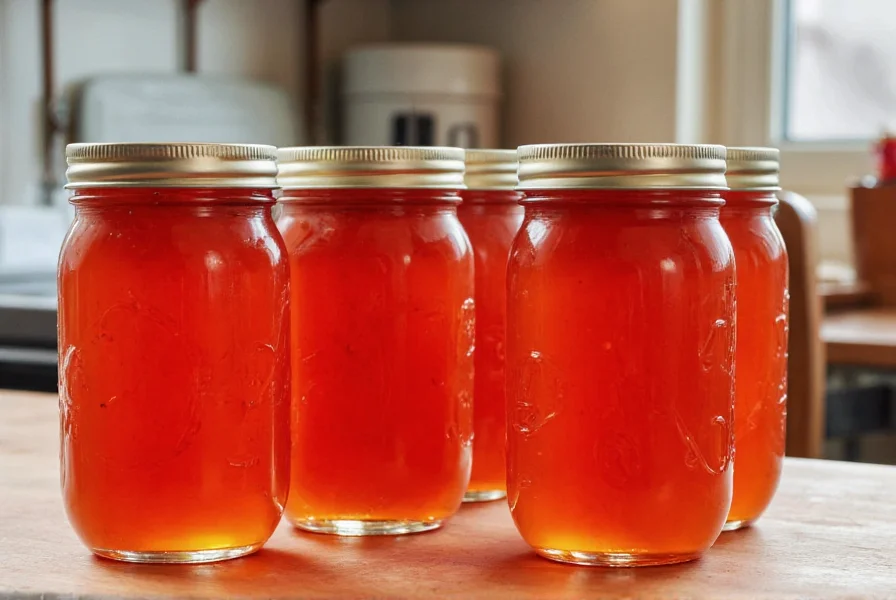 Properly canned pepper jelly jars with golden-red liquid showing on kitchen counter