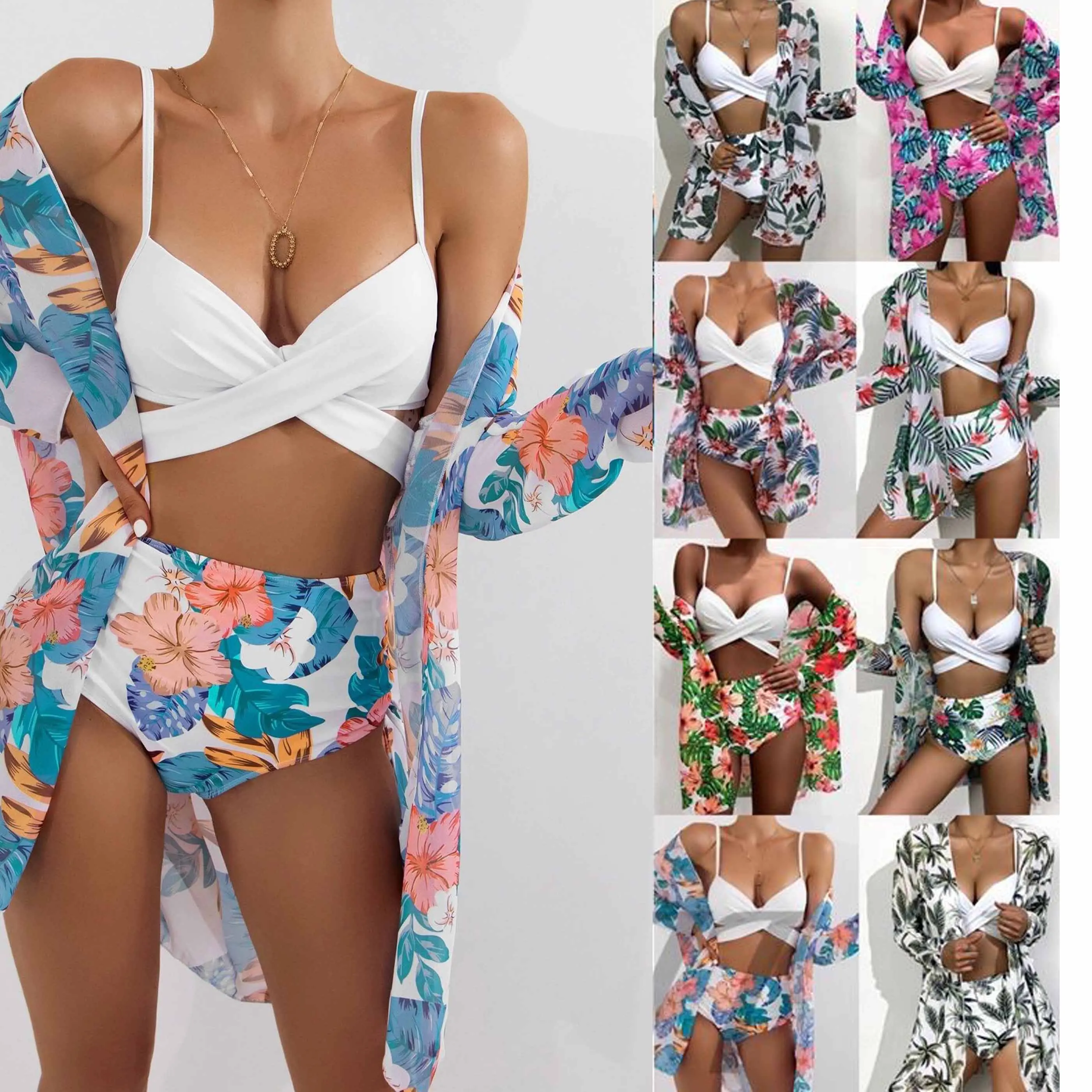 

wholesale custom high waist sexy fashion 2022 floral print bikini sets swimsuit coverup for women 3 piece swimwear set