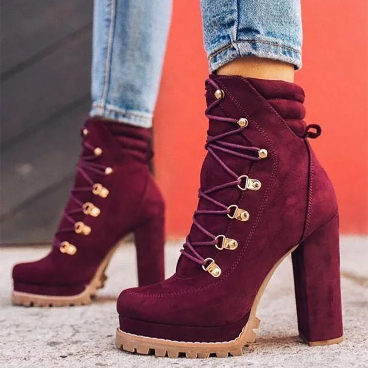 

Fall Winter Chunky High Heel Rivets Western Women's Ankle Boots High Platform Suede Upper High Heeled Short Booties for Ladies, Black,wine-red,army-green