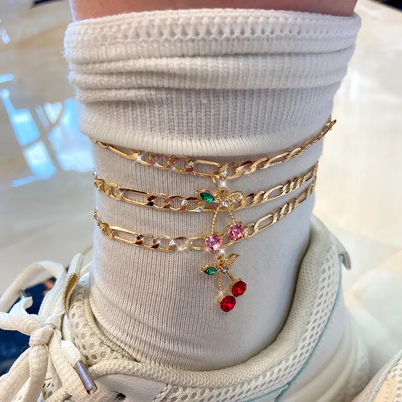 

Flatfoosie 2Pcs/Set Fashion Crystal Cherry Anklet for Women Gold Color Sweet Fruit Foot Bracelet Fashion Foot Accessories Gift, As pictures