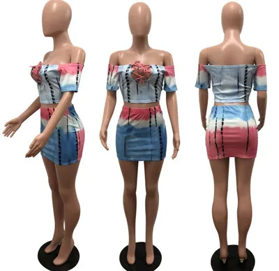 

2021 New Trendy New Two Piece Sets Summer Tie Dye Off Shoulder Cro Top Plus Size Two Piece Sets Women Skirt Set, Picture color