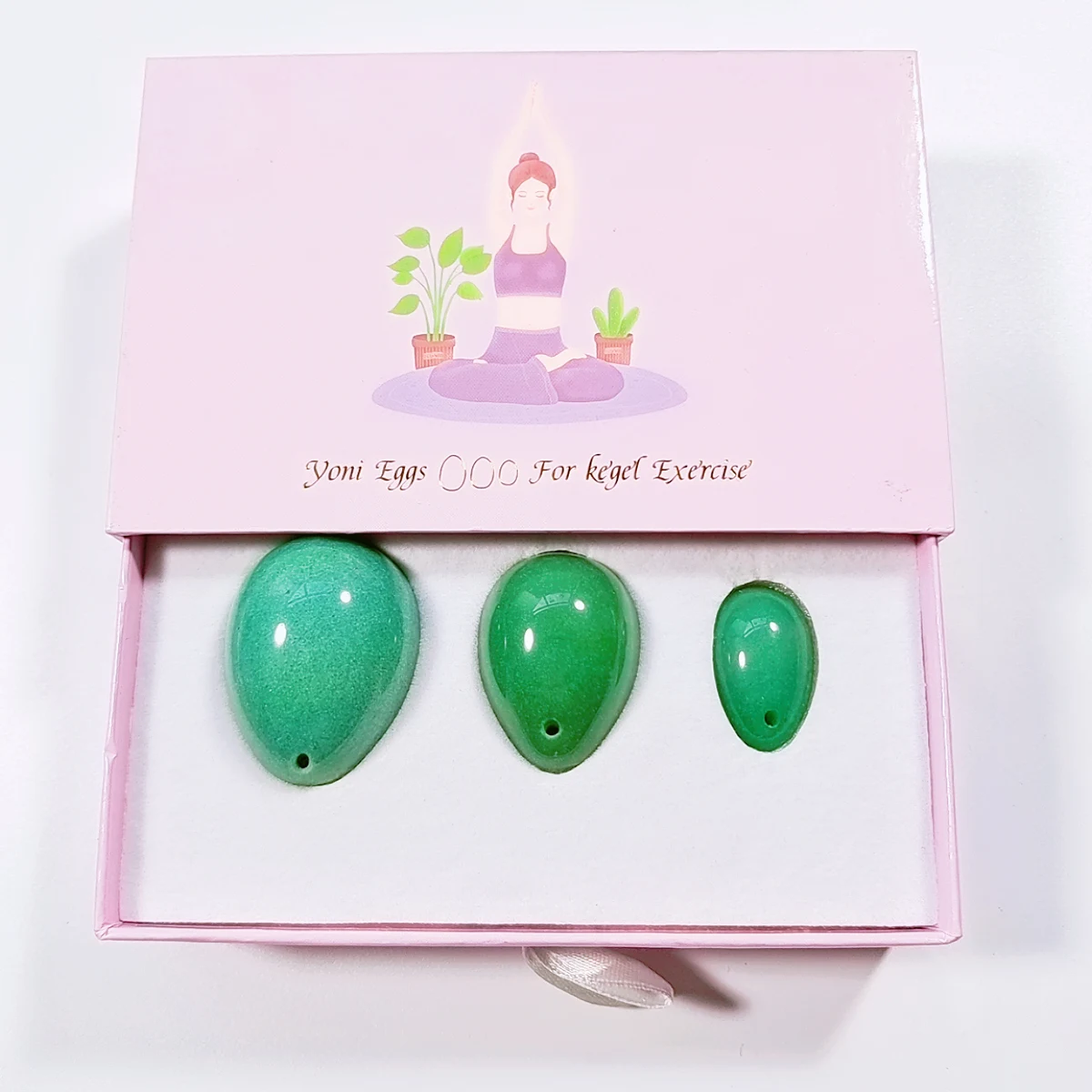 

Customized logo Natural Jade Kegel Certified Yoni Eggs Set Massage Box drilled kegel eggs