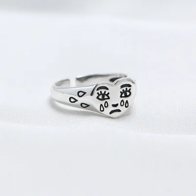 

VRIUA 925 Sterling Silver Ring Opening Retro Personality Simple Crying Smile Face Punk Style Unisex Fashion Silver Jewelry, Sliver