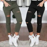 

Women's Fashion Broken-hole Stretch Pants Casual Slim Pencil Pants Elasticity Tights Sexy Women Pants