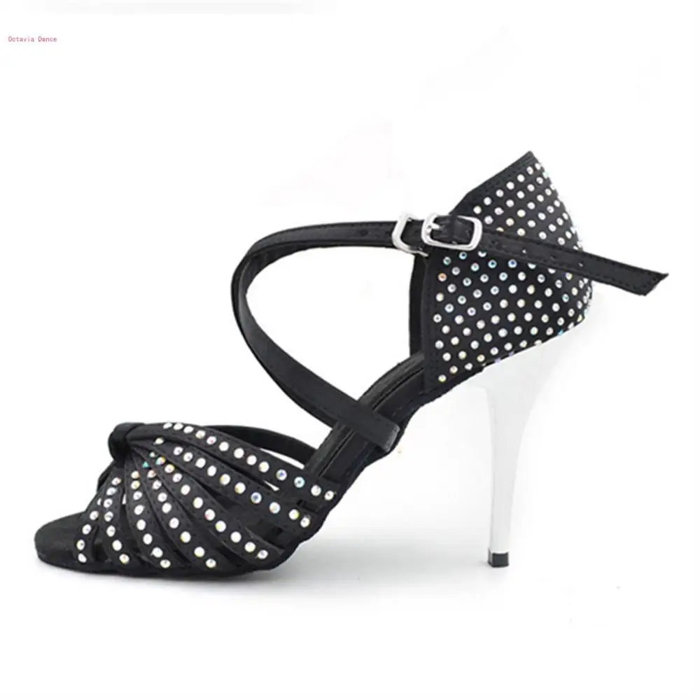 

8600201 Satin Upper Rhinestone Sandals Dance Shoes Woman Shoes High Heel Girls Latin Dance, Black