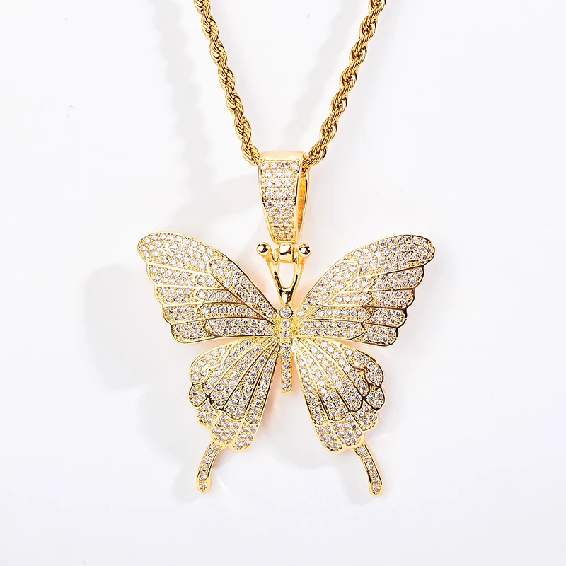 

2022 Hot Sale Bling Ice out New micro-inlaid zircon butterfly pendant HIPHOP hip-hop rap trendy male copper butterfly necklace